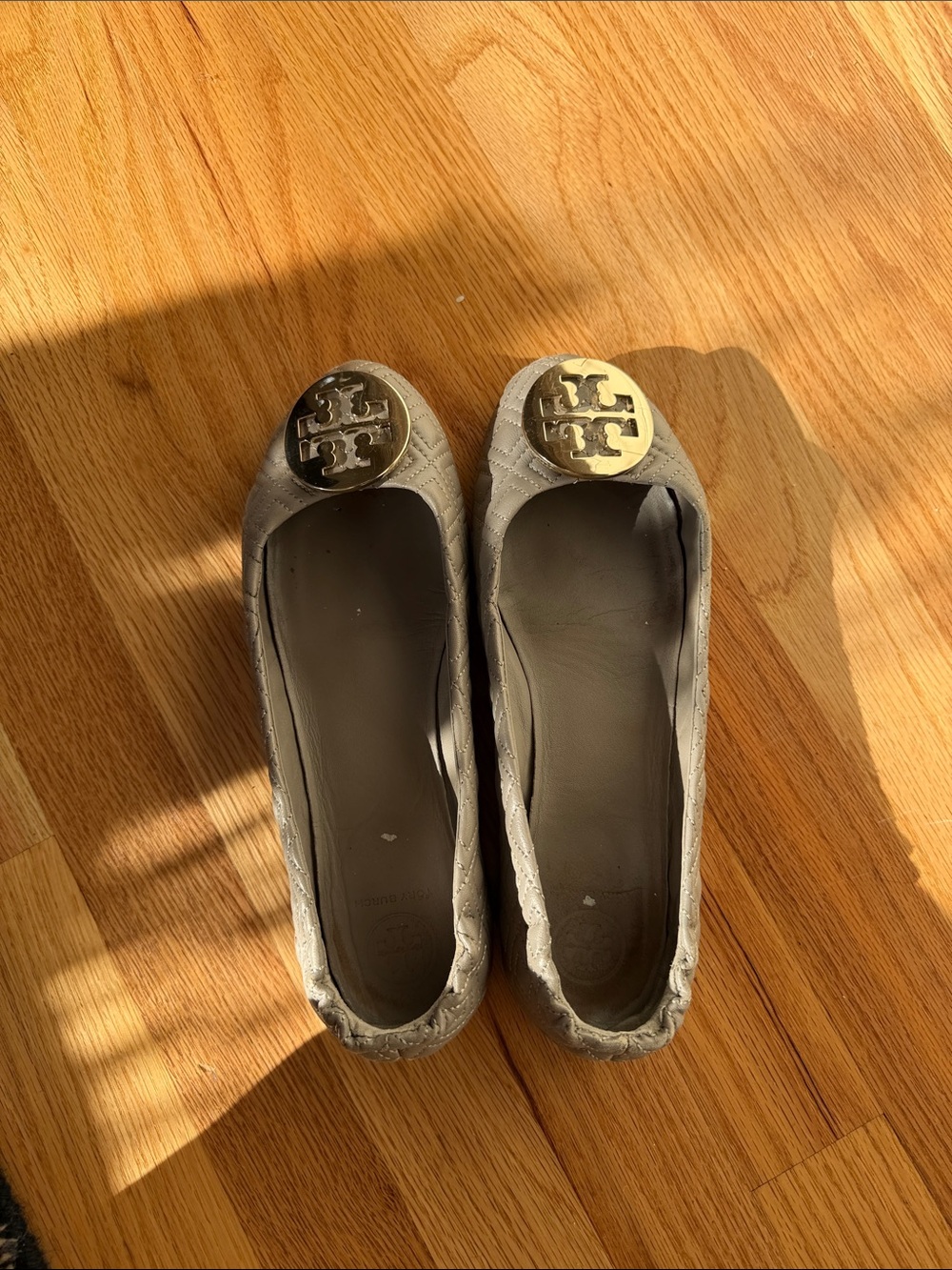 Tory Burch Gray Quilted Reva Logo Ballet Flats with Gold Medallion